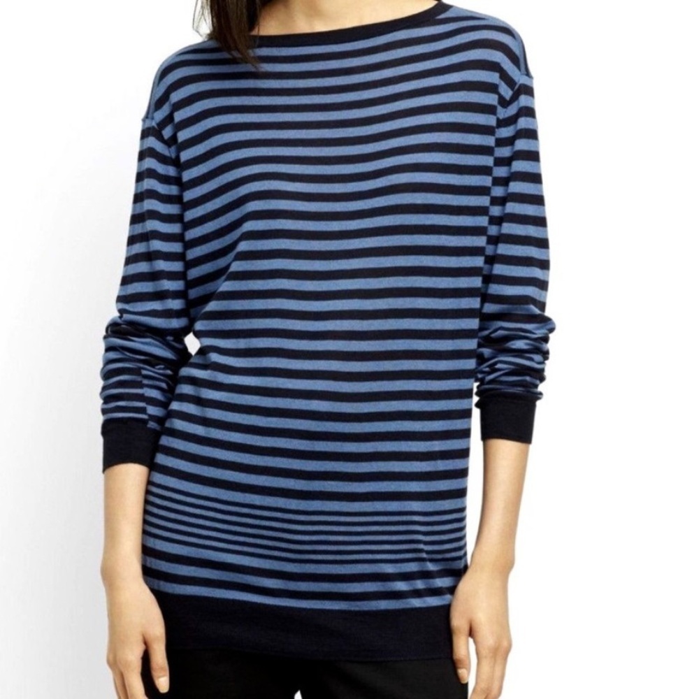 VINCE BLUE NAVY STRIPE OVERSIZED SILK CASHMERE NEW COASTAL SWEATER WOMENS SZ XS